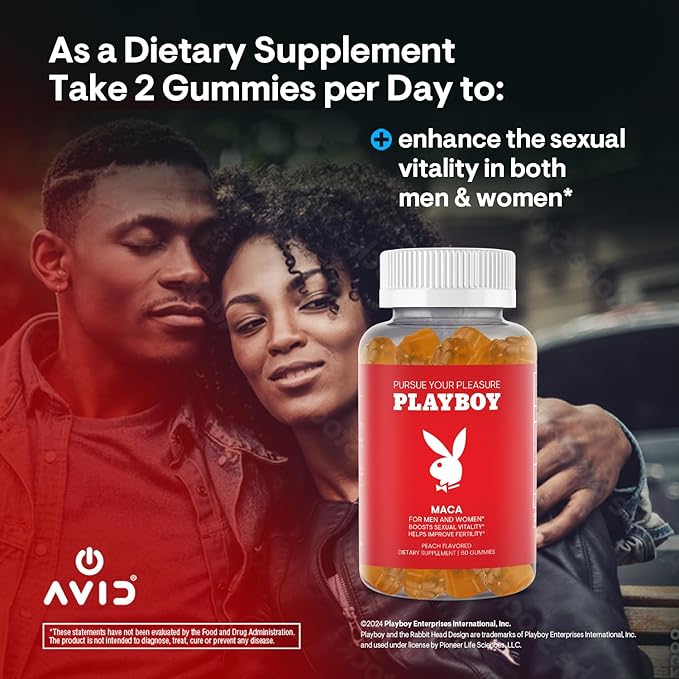 Playboy - Maca Root Gummies for Women and Men (60 Count - Peach Flavored) - Boost Sexual Vitality, Libido, Fertility - Supplement - 100% Natural, Vegan Non GMO - 4:1 Extract Maca Peruana