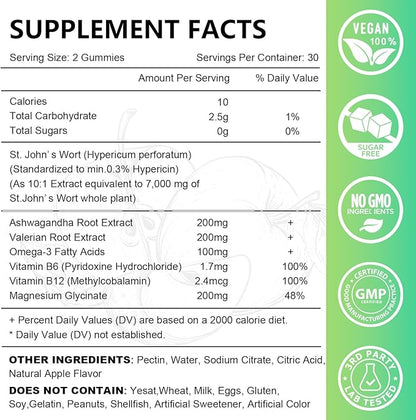 St John's Wort Gummies 700mg, Natural Herbal Supplement for Adults & Kids, Support Calm, Relaxation & Brain Health, Vegan, Non-GMO, Gluten Free, Apple Flavor, 60 Count