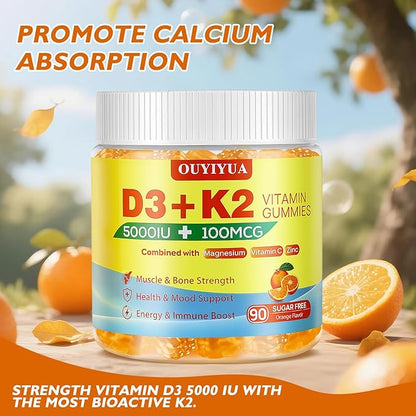 Vitamin D3 K2 Gummies，Vitamin D3 5000IU + K2 (MK-7) 100mcg Gummies for Adults | Immune Health Support, Teeth & Muscle Function Boost |90 Count