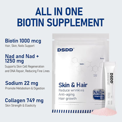 Biotin Supplement for Supports Healthy Hair, Skin & Nails, Hair Growth Vitamins for Women & Men with 1000mcg Biotin, 1000mg NAD+, Collagen, Sodium, Non-GMO & No Gluten 20 Servings