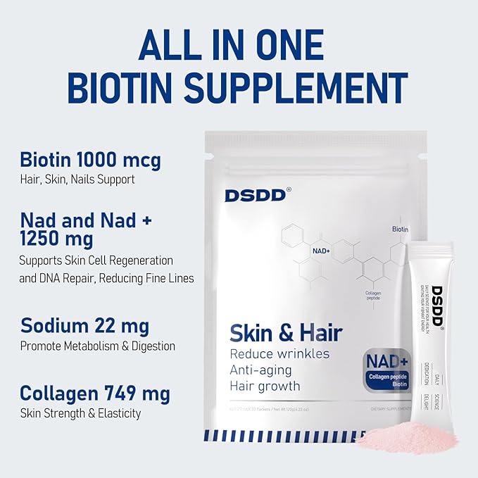 Biotin Supplement for Supports Thicker, Fuller Hair, Skin & Nails, Hair Growth Vitamins for Women and Men with 1000mg Biotin, 1000mg NAD+, Collagen, Sodium Non-GMO, 40 Servings