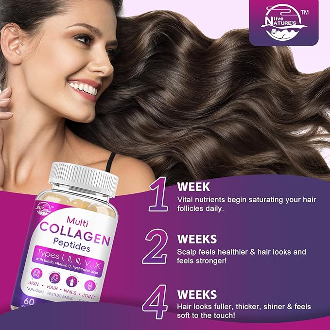 Multi Collagen Peptides Softgel - Type I, II, III, V, X - Hydrolyzed Collagen Peptides with Biotin, Vitamin C, Hyaluronic Acid, Supports Skin Hair Nail, Grass-Fed, Non-GMO, 60 Softgel, 3 Pack