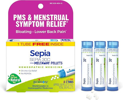 Boiron Sepia 30C Homeopathic Medicine for PMS and Menstrual Symptom Relief - Bloating and Lower Back Pain During Menstruation - 3 Count (240 Pellets)