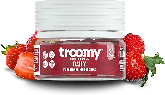 Troomy Daily 14 Mushroom Blend Gummies - Great Tasting Natural Mango Strawberry Flavor, Gelatin-Free, Gluten-Free, Vegetarian - 30 Count