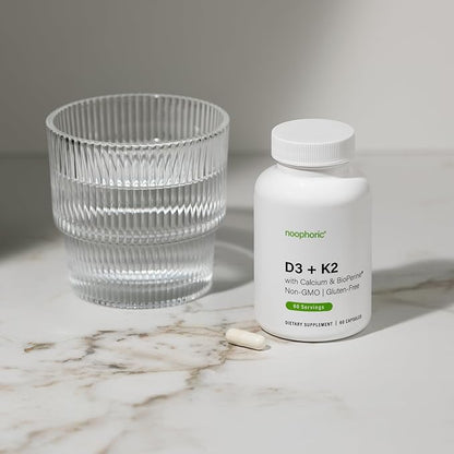 Noophoric Vitamin D3 K2 5000 IU, D3 with K2 MK7, Vitamin D3 K2 Capsules with Calcium and BioPerine, Non GMO Gluten Free Soy Free, 60 Capsules