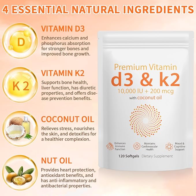 Daiasns Vitamin D3 K2 10000iu Supports Muscle & Brain Health -High-Potency D3 K2 Supplement Helps in Immune and Cardiovascular Support - 120 Softgels