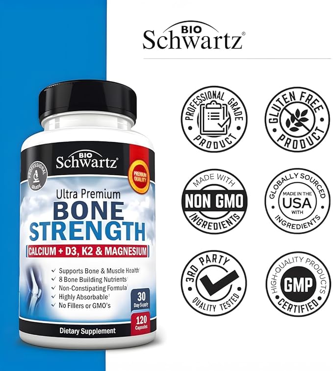 BioSchwartz Bone Strength Supplement - Gentle Non-Constipating Bone Health Supplement for Women & Men with 9-in-1 Complex with Calcium Magnesium Zinc D3 K2 & More - 3rd Party Tested - 1 Month