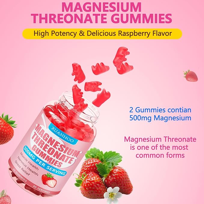 Magnesium Threonate Gummies,Magnesium Supplement,Strawberry Flavor,60Gummies,250mg Magnesium per Gummy,Muscle & Nerve Health,Stress Relief