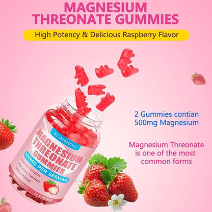 Magnesium Threonate Gummies,Magnesium Supplement,Strawberry Flavor,60Gummies,250mg Magnesium per Gummy,Muscle & Nerve Health,Stress Relief