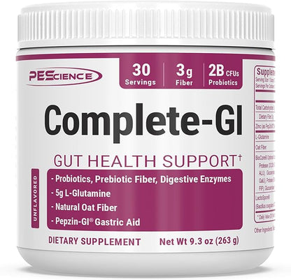 PEScience Complete-GI Gut Health Powder, Probiotics for Women and Men, Digestive Enzymes, Prebiotic Fiber, L-Glutamine, Pepzin GI Zinc Carnosine - Unflavored, 30 Servings