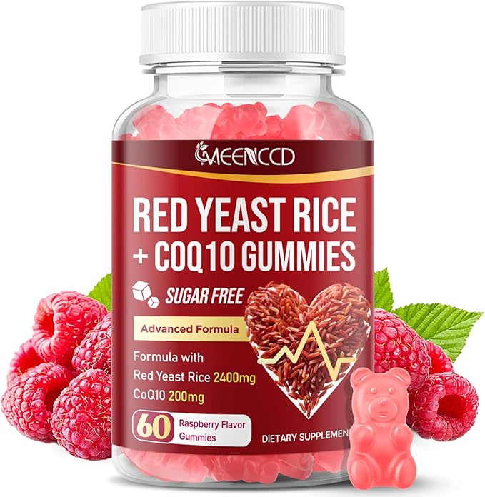 MEENCCD Red Yeast Rice with CoQ10 Gummies, Red Yeast Rice Supplement with Coenzyme Q10 for Overall Well-Being, Sugar Free, Vegan, Raspberry Flavor, 60 Count