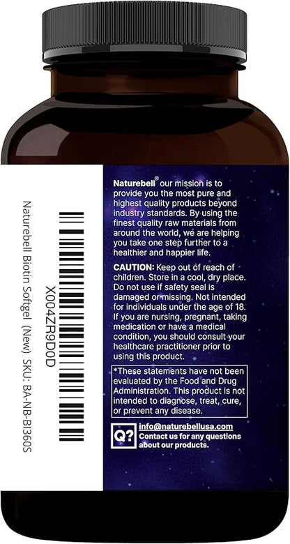 NatureBell Biotin 10000mcg + Hyaluronic Acid 25mg | 360 Coconut Oil Softgels, Premium Biotin Supplement for Hair Skin and Nails*