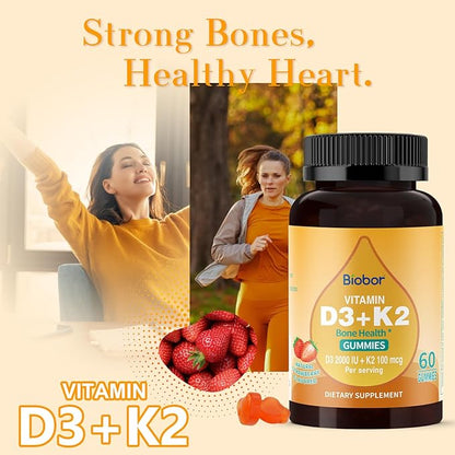 Natural Vitamin D3 K2 Gummies, 2000 IU Vitamin D3 & 100 mcg Vitamin K2,Supports Healthy Bone, Immune Health Supplement, GMO Free, Gluten Free, Strawberry Flavor, 120 Count