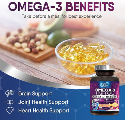 Omega 3 Fish Oil Supplements - 2400mg Fish Oil Per Serving - Triple Strength Omega-3 with EPA & DHA Fatty Acids - Natural Heart, Brain & Immune Support - Wild Caught, Bottled in USA - 180 Softgels