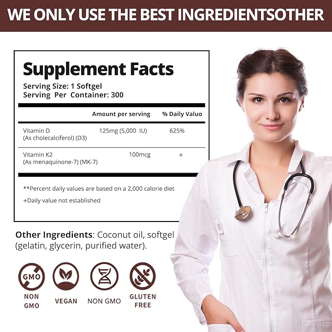 300 Pcs Vitamin D3 K2 5000 IU + 100mcg, Coconut Oil, Gluten-Free, Non-GMO, Soy Free