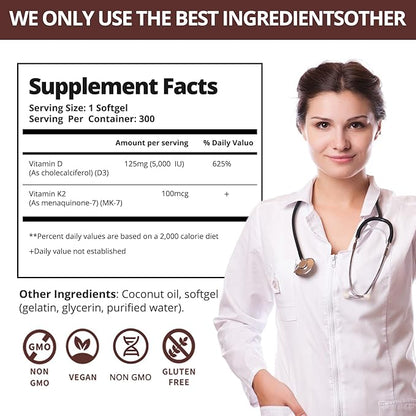 300 Pcs Vitamin D3 K2 5000 IU + 100mcg, Coconut Oil, Gluten-Free, Non-GMO, Soy Free
