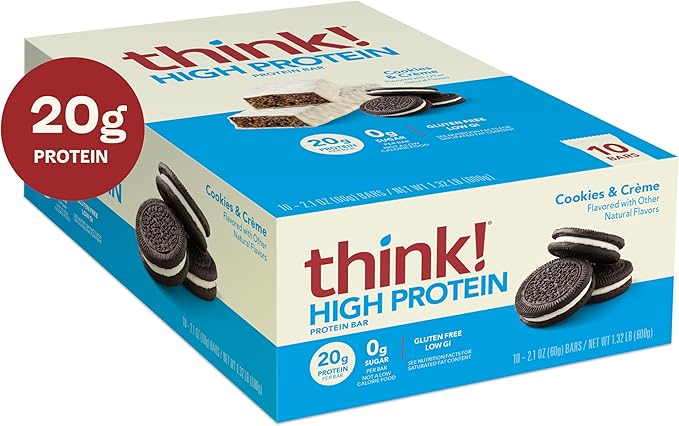 think! Protein Bars, High Protein Snacks, Gluten Free, Kosher Friendly, Cookies and Crème, Nutrition Bars, 2.1 Oz per Bar, 10 Count (Packaging May Vary)