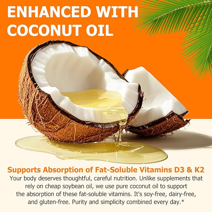 Vitamin D3 K2 with Coconut Oil - Vegan Vitamin D3 & Mk7 Vitamin K2for Bone & Immune Support - Non-GMO, Soy Free - 120 Softgels