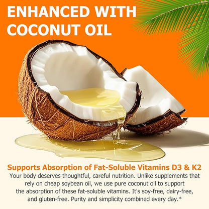Vitamin D3 K2 with Coconut Oil - Vegan Vitamin D3 & Mk7 Vitamin K2for Bone & Immune Support - Non-GMO, Soy Free - 120 Softgels
