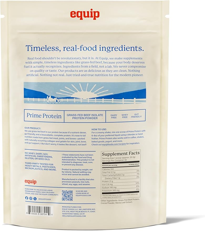 Equip Foods Prime Protein Powder | Clean, Grass Fed Beef Protein Powder | Carnivore Protein Isolate | Paleo, Keto Friendly | Gluten & Dairy Free | Helps Build & Repair Tissue | 30 Servings, Chocolate