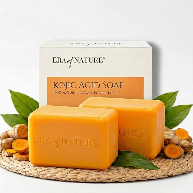 era of nature Turmeric Kojic Acid Soap for Dark Spots – Gentle Brightening Bar for Face, Underarms, Inner Thighs & Bikini Area – Vitamin C + Shea Butter – Moisturizing Soap, 2 x 100g