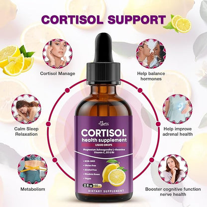 Cortisol Supplement for Women & Men - Magnesium Glycinate, Ashwagandha, L-Theanine, Phosphatidylserine - Supports Calm, Focus, Sleep & Relaxation - 2 FL OZ