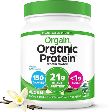 Orgain Organic Vegan Protein Powder, Vanilla Bean - 21g Plant Based Protein, 4g Prebiotic Fiber, No Lactose Ingredients, No Added Sugar, Non-GMO, For Shakes & Smoothies, 1.02 lb (Packaging May Vary)