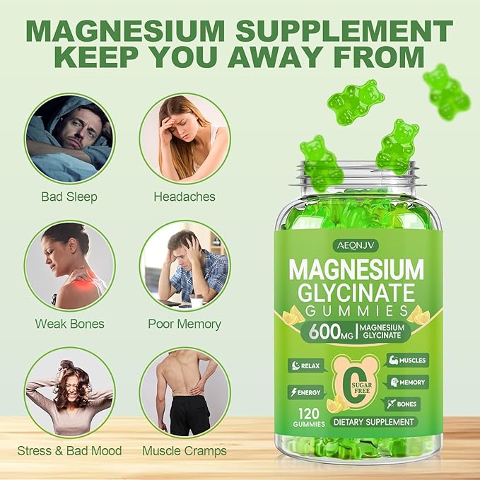 Magnesium Glycinate Gummies 600mg, Chewable Magnesium Supplements for Adults, Men and Women, Vitamin D, B6 and CoQ10, Potassium Magnesium Gummy for Sleep, Relaxation, Brain & Muscle, 120 Gummies