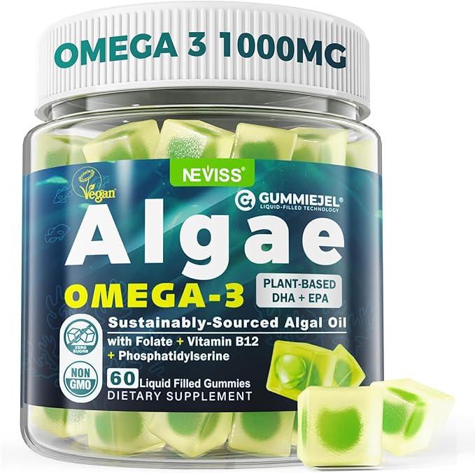 Vegan Omega-3 Gummies for Adults, Fish Oil Alternative from Algae Oil, Plant Based DHA 460mg & EPA 230mg Plus MethylFolate, Vitamin B12, Phosphatidylserine, No Fishy Taste, Vegan, Sugar Free, 60 Cts