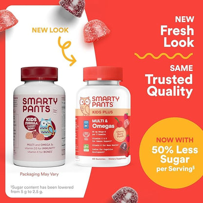 SmartyPants Kids Multivitamin Gummies, Omega 3 (DHA/EPA), Vitamins D3, C, B12, B6, Vitamin A, K & Zinc, Gluten Free, Cherry Berry Punch Flavors, 60 Count (30 Day Supply)