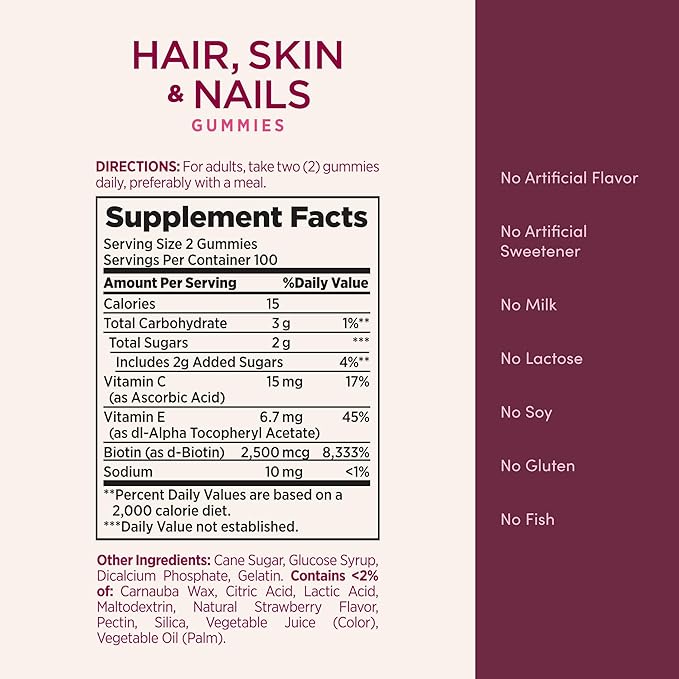 Nature's Bounty Optimal Solutions Hair, Skin and Nails Gummies with Biotin, 2500 mcg, Strawberry Flavored, 200 Count, 100 Total Servings