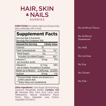 Nature's Bounty Optimal Solutions Hair, Skin and Nails Gummies with Biotin, 2500 mcg, Strawberry Flavored, 200 Count, 100 Total Servings