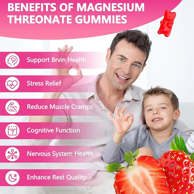 Magnesium Threonate Gummies,Magnesium Supplement,Strawberry Flavor,60Gummies,250mg Magnesium per Gummy,Muscle & Nerve Health,Stress Relief