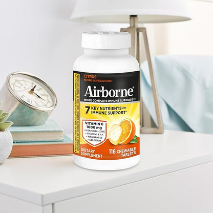 Airborne Vitamin C 1000mg (per Serving) - Citrus Chewable Tablets (116 Count in a Bottle), Gluten-Free Immune Support Supplement, with Vitamins A C E, Zinc, Selenium, Echinacea, Ginger, Antioxidants