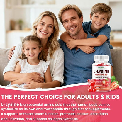 L-Lysine Gummies 1000 mg for Kids and Adults, L-Lysine Supplements with Vitamin C, B2 for Lips & Oral Health, Immune Support & Collagen & Calcium- Vegan, Non GMO, Strawberry Flavor, 120 Count