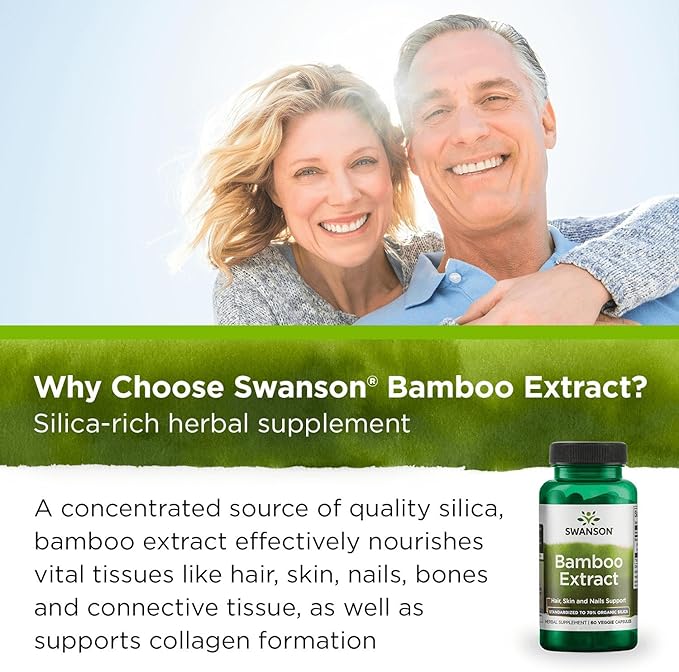 Swanson Bamboo Extract - Natural Hair, Skin and Nails Supplement - 70% Silica Content Supporting Collagen Formation & Bone Growth - (60 Veggie Capsules, 300mg Each)