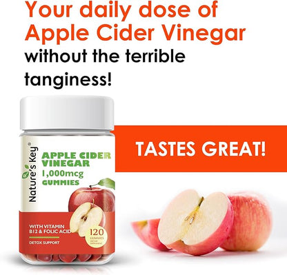 Nature's Key Apple Cider Vinegar Gummies 120 Count ACV Gummy with Folic Vitamin B6 B12 Beetroot & Pomegranate - Vegan, Non-GMO & Gluten-Free