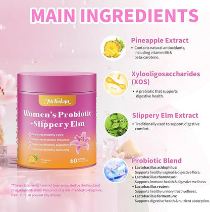 Feminine Probiotics Gummies for Women with Slippery Elm Prebiotics & Lactobacillus Blend – Supports Healthy Flora, pH Balance, Gut & Immune Function, Pineapple Flavor, 60 Count