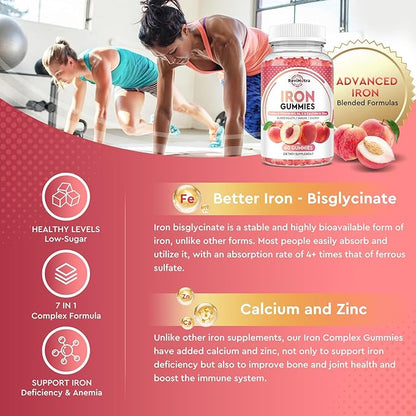 Iron Gummies with Zinc, Calcium, Vitamin C, B6 & B12 | Iron Supplement for Women, Men & Kids | Supports Anemia & Deficiency, Blood Builder & Cell Formation | Chewable Peach Flavor, 60 Gummies