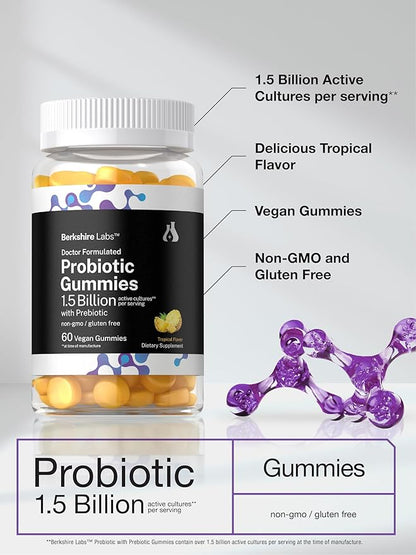 Horbäach Probiotic Gummies 1.5 Billion CFU | 60 Count | with Prebiotic for Women and Men | Tropical Flavor | Doctor Formulated | Vegan, Non-GMO & Gluten Free | Berkshire Labs