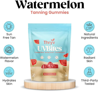 UVBites - Tanning Gummies - Self Tan Supplement - Tanning Pill - Fast Acting & Debloating Melanin Supplement with Beta Carotene, Astaxanthin, Niacinamide - Glow Up Skin (60 Count, Watermelon)