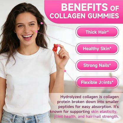 Collagen Gummies for Women & Men, Hydrolyzed Collagen Peptides (Type I, II, III, V, X) with Biotin, Hyaluronic Acid, MultiVitamins, Supports Healthy Skin, Thick Hair &Strong Nails, Sugar Free, 60Cts