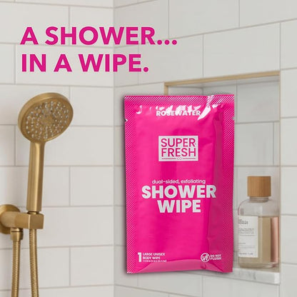Super Fresh Shower Wipes Large RoseWater Body Wipes for No Rinse Bathing Personal Hygiene Gym Travel or Camping Enriched with Aloe and Vitamin E 20 Individually Wrapped Disposable Sheets