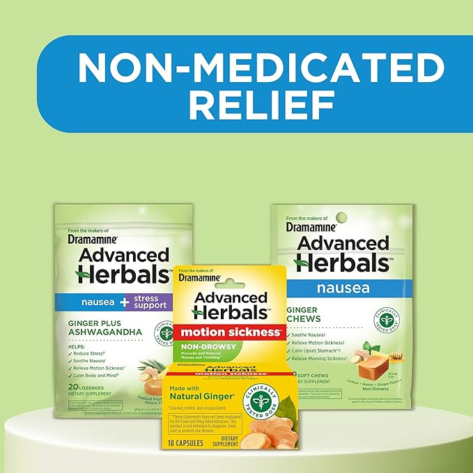 From the Makers of Dramamine, Advanced Herbals Ginger Chews for Nausea Relief, Morning Sickness Relief & Motion Sickness Relief During Travel, Lemon-Honey, 20 Count