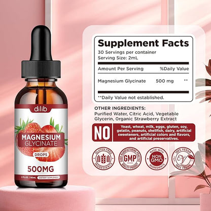Magnesium Glycinate Supplement, Liquid Magnesium Glycinate Liquid Drops 500mg-Support Stress Relief, Relaxation, Mood, Sleep, Bone & Muscle-2 Fl Oz, Vegan, Strawberry Flavor