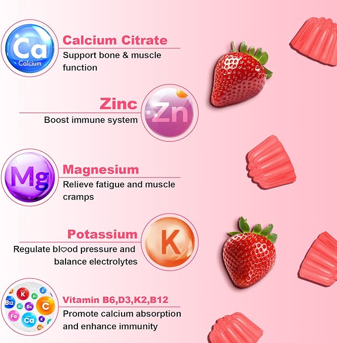 Calcium Citrate Gummies - Chewable Calcium Gummies for Bone, Muscle, Teeth, Immune Support, High Absorption Calcium Supplements for Women & Men Sugar Free Strawberry Flavor 120 Count