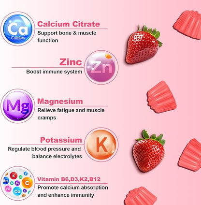 Calcium Citrate Gummies - Chewable Calcium Gummies for Bone, Muscle, Teeth, Immune Support, High Absorption Calcium Supplements for Women & Men Sugar Free Strawberry Flavor 60 Count