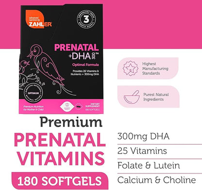 Zahler Prenatal Vitamin with DHA & Folate - DHA Supplements & Prenatal Multivitamin for Mother and Child - Kosher Prenatal DHA Prenatal Vitamins with Iron, Pre Natal Softgels (180 Count (Pack of 1))