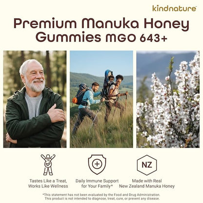 KINDNATURE Manuka Honey Medical Grade Gummies MGO 643+ - New Zealand Manuka Honey with Zinc, Vitamin C, Elderberry - Throat Comfort & Immune Support - Kids & Adults