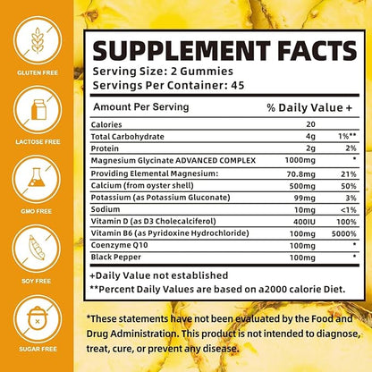 Magnesium Glycinate Gummies 1000mg with Magnesium L-Threonate,Chelated Magnesium Potassium Complex Supplement with VitD, B6, CoQ10, Calcium,Supports for Memory, Calm, Mood - 90 Mango pineapple Gummies